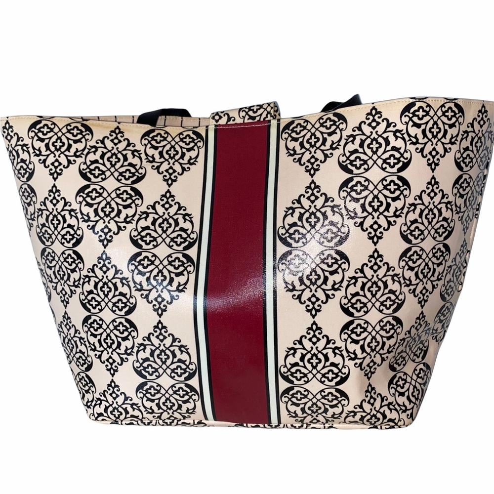 Brighton Beige Black Patterned Tote with Red Center Stripe